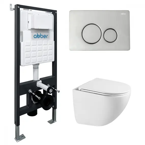 Комплект подвесной унитаз ABBER Bequem AC1131TC белый, с закрытым дном с инсталляцией AC0105 и кнопкой AC0121 хром глянцевый