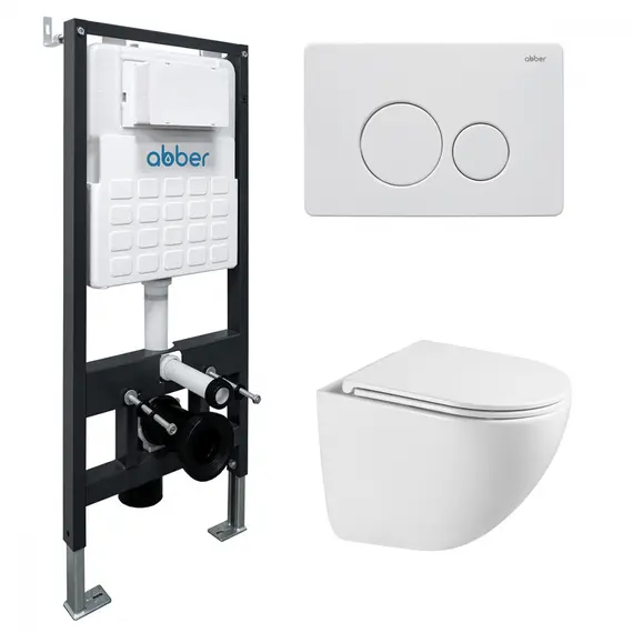 Комплект подвесной унитаз ABBER Bequem AC1131TC белый, с закрытым дном с инсталляцией AC0105 и кнопкой AC0121MW белая матовая