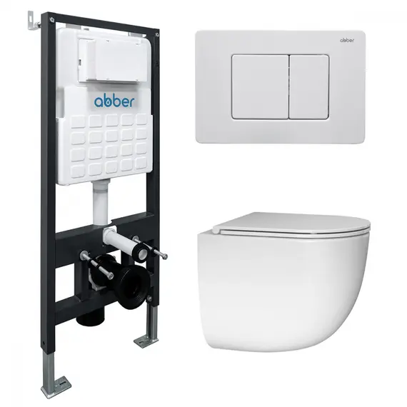 Комплект подвесной унитаз ABBER Bequem AC1132TC белый, с закрытым дном с инсталляцией AC0105 и кнопкой AC0120MW белая матовая