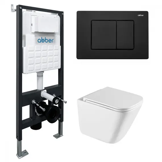 Комплект подвесной унитаз ABBER Rechteck AC1219TC белый, с закрытым дном с инсталляцией AC0105 и кнопкой AC0120MB черный матовый