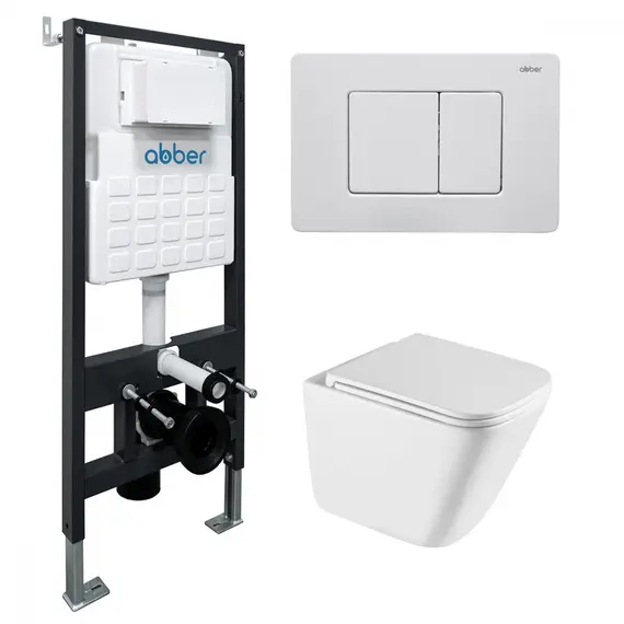 Комплект подвесной унитаз ABBER Rechteck AC1219TC белый, с закрытым дном с инсталляцией AC0105 и кнопкой AC0120MW белая матовая