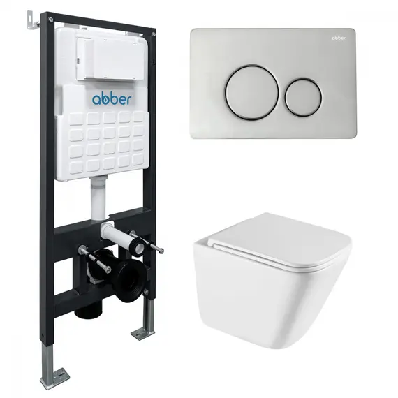 Комплект подвесной унитаз ABBER Rechteck AC1219TC белый, с закрытым дном с инсталляцией AC0105 и кнопкой AC0121 хром глянцевый