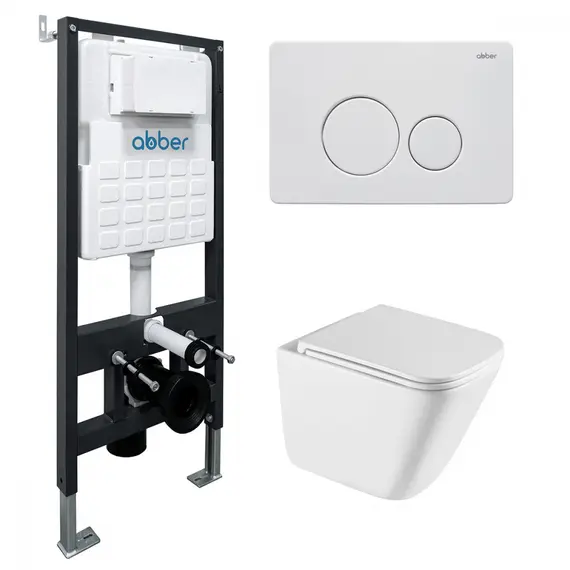 Комплект подвесной унитаз ABBER Rechteck AC1219TC белый, с закрытым дном с инсталляцией AC0105 и кнопкой AC0121MW белая матовая