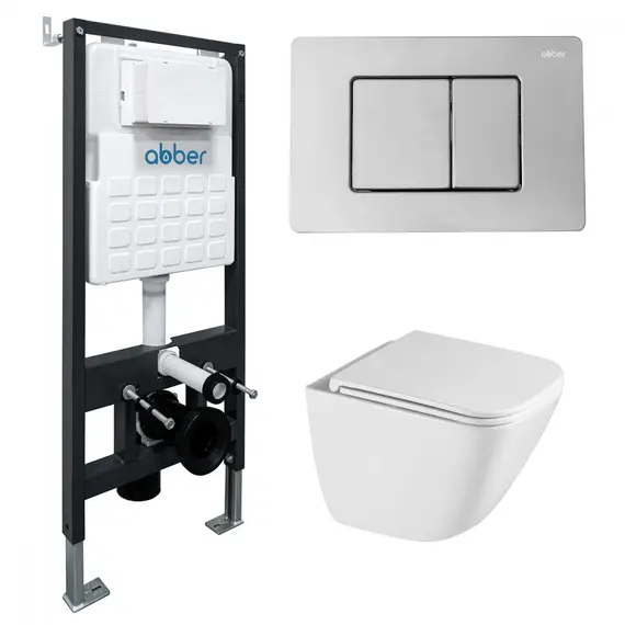 Комплект подвесной унитаз ABBER Rechteck AC1220TC белый, с закрытым дном с инсталляцией AC0105 и кнопкой AC0120 хром глянцевый