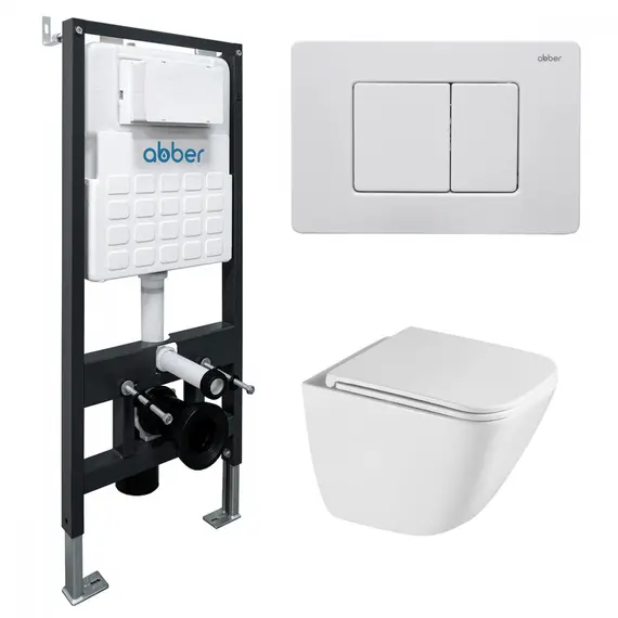 Комплект подвесной унитаз ABBER Rechteck AC1220TC белый, с закрытым дном с инсталляцией AC0105 и кнопкой AC0120MW белая матовая