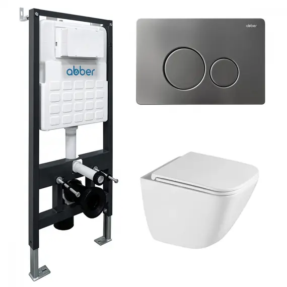 Комплект подвесной унитаз ABBER Rechteck AC1220TC белый, с закрытым дном с инсталляцией AC0105 и кнопкой AC0121NG никель