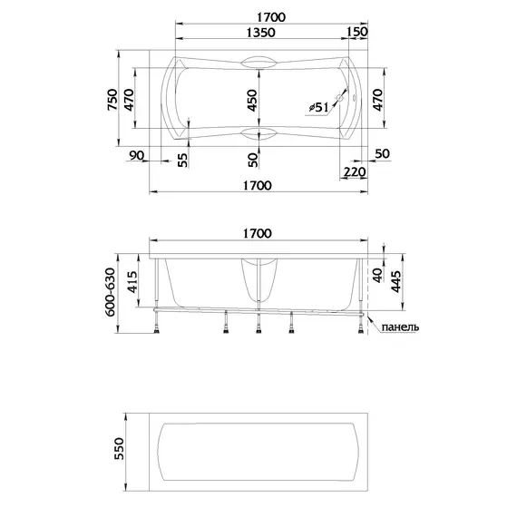 Ванна акриловая  1Marka AGORA 170x75