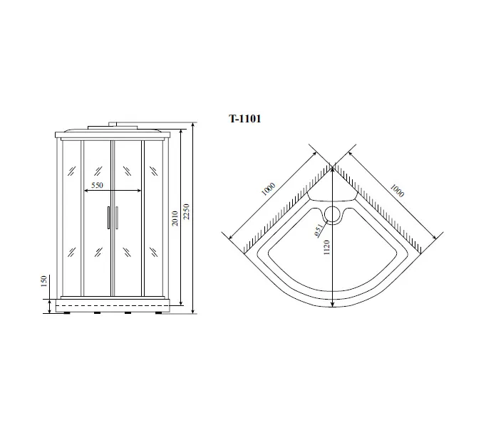 Душевая кабина четверть круга Timo STANDART T-1101/1109 низкий поддон, Цвет стекла: тонированное, Выбрать цвет: Хром, Выбрать размер: 100x100 , Комплектация: гидромассаж, изображение 9
