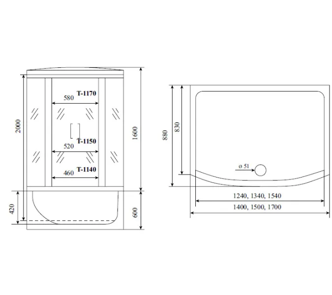 Душевая кабина прямоугольная Timo STANDART T-1140/1150/1170 высокий поддон, Цвет стекла: тонированное, Выбрать цвет: Хром, Выбрать размер: 140x88, Комплектация: гидромассаж, изображение 6