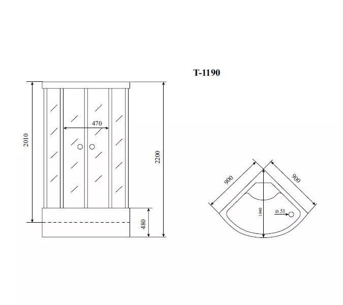 Душевая кабина четверть круга Timo Standart  T-6600/6690 Black высокий поддон, Цвет стекла: матовое, Выбрать цвет: Черный, Выбрать размер: 90x90, Комплектация: без гидромассажа, изображение 3