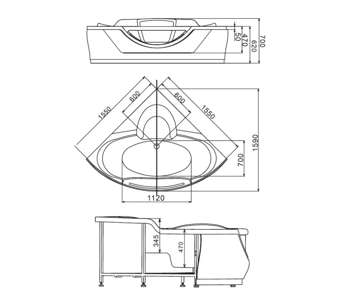 Акриловая гидромассажная ванна  Gemy G9025  155*155, Комплектация: гидромассаж, аэромассаж, электр.пульт хромотерапия, TV, изображение 4