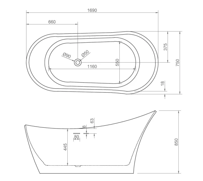 Акриловая ванна ABBER AB9245 169х75, изображение 5