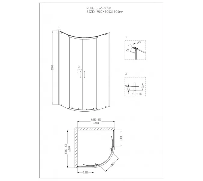 Душ.ограждение GR-0090 Classic 90*90*190 полукруг, двери раздвижные, изображение 7