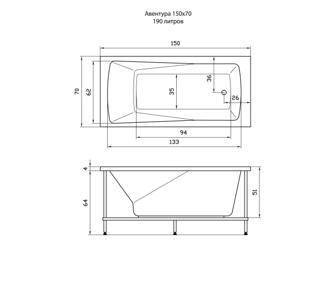 Акриловая ванна Aquatika Авентура, Выбрать размер: 150х70, Комплектация: Standart, изображение 2
