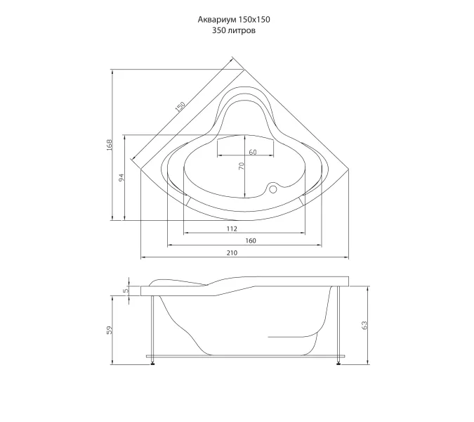 Акриловая ванна Aquatika Аквариум угловая 150*150, Комплектация: Standart, изображение 2