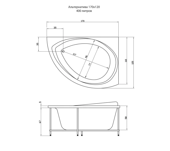 Акриловая ванна Aquatika Альтернатива 170*120, Ориентация: левая, Комплектация: Standart, изображение 3