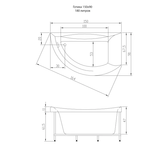 Акриловая ванна Aquatika Готика 150*90, Ориентация: левая, Комплектация: Standart, изображение 4
