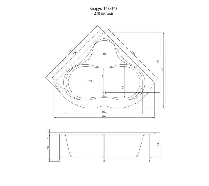 Акриловая ванна Aquatika Кворум угловая 143*143, Комплектация: Standart, изображение 3