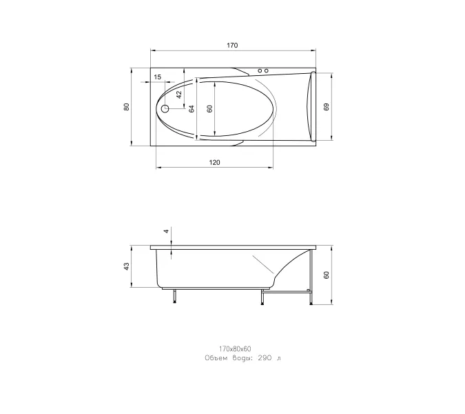 Акриловая ванна Aquatika Кинетика 170*80, Комплектация: Standart, изображение 2