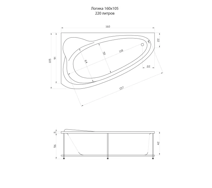 Акриловая ванна Aquatika Логика 160*105, Ориентация: левая, Комплектация: Standart, изображение 3
