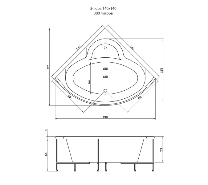 Акриловая ванна Aquatika Эпюра угловая 140*140, Комплектация: Standart, изображение 3