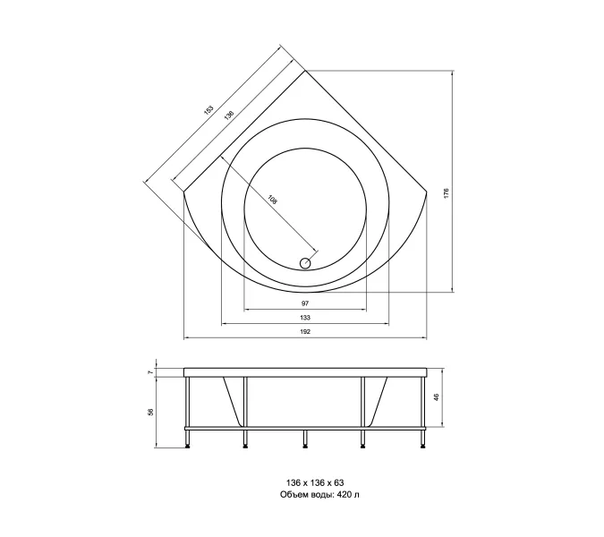 Акриловая ванна Aquatika Эстрада 136х136, 150х150, Комплектация: Basic, изображение 3