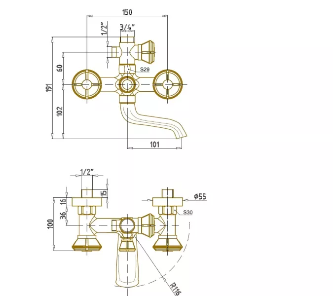 Bronze De Luxe Royal Комплект для ванной и душа двухручковый, Излив (см): 10, изображение 4