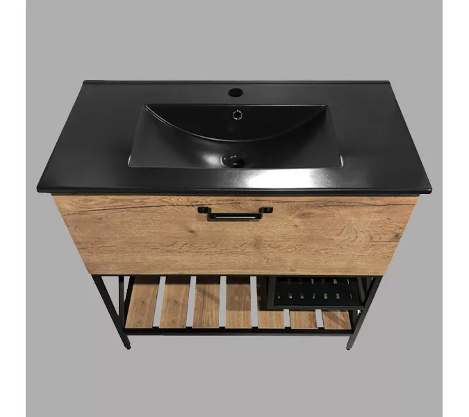 Тумба-умывальник Comforty  Бредфорд дуб темный с черной раковиной 75/90, Выбрать цвет: дуб темный , Комплектация: с черной раковиной 90, изображение 7