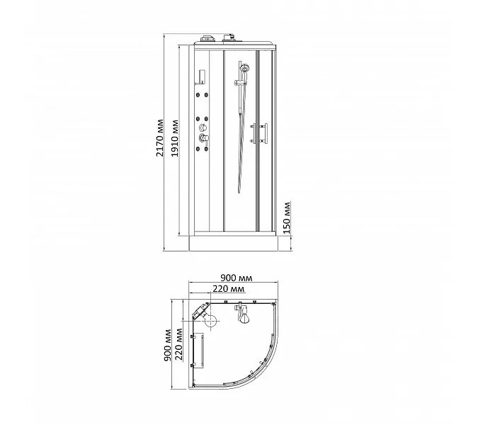 Душевая кабина с гидромассажем четверть круга Bandhours BORA A 90х90х217см, Цвет стекла: прозрачное, Высота поддона: 15, Цвет профиля: Хром, Тип поддона: Низкий, Выбрать размер: 90x90, изображение 9