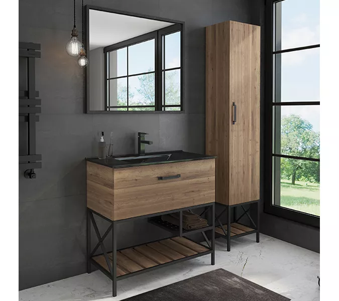 Тумба-умывальник Comforty  Бредфорд дуб темный с черной раковиной 75/90, Выбрать цвет: дуб темный , Комплектация: с черной раковиной 90