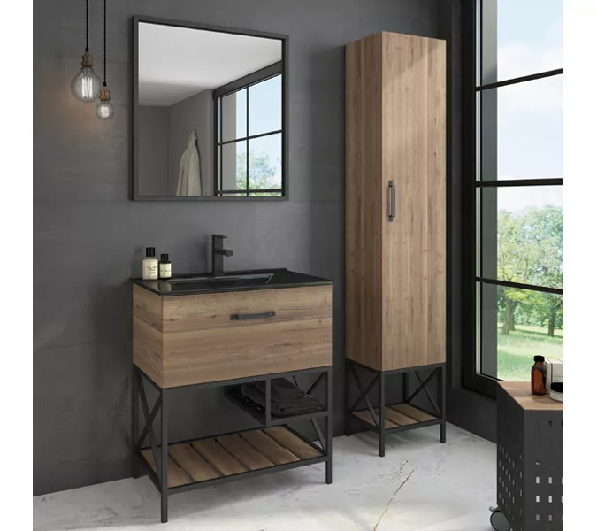 Тумба-умывальник Comforty  Бредфорд дуб темный с черной раковиной 75/90, Выбрать цвет: дуб темный , Комплектация: с черной раковиной 75