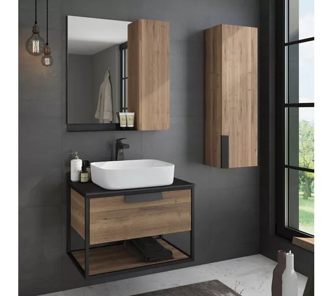 COMFORTY. Тумба-умывальник "Кёльн-75/90" дуб темный с черной столешницей, с раковиной, Выбрать цвет: дуб темный , Выбрать размер: 75, Комплектация: раковина Comforty T-Y9378