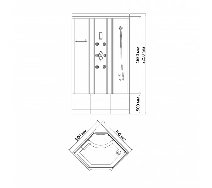 Душевая кабина с гидромассажем трапеция Bandhours CLIO B 90х90х225 см, Цвет стекла: прозрачное, Высота поддона: 50, Цвет профиля: Хром, Тип поддона: Высокий, Выбрать размер: 90x90, изображение 9