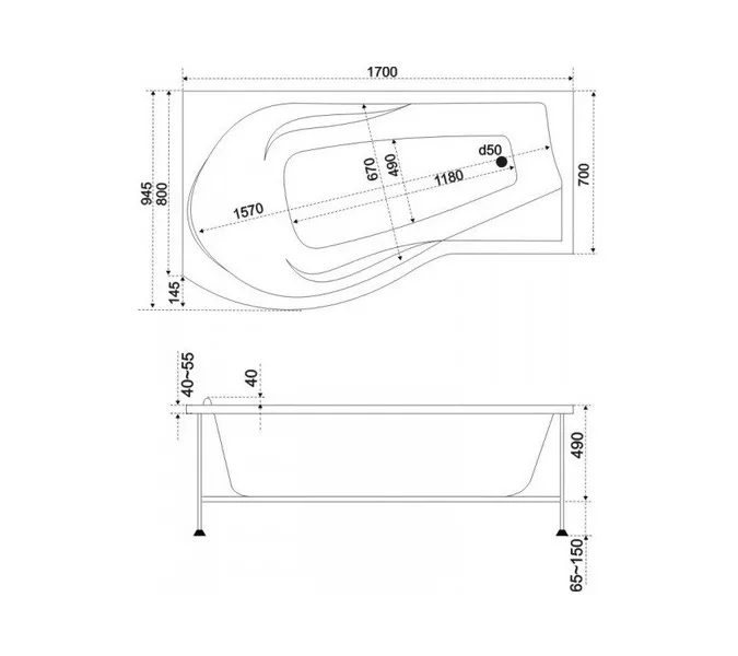 Ванна акриловая  BAS Капри 170*80 L/R, Ориентация: Левая, Комплектация: без гидромассажа, изображение 3