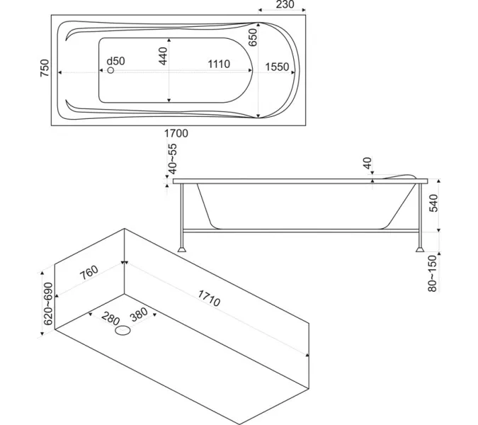 Ванна акриловая  BAS Мальта 170*75, Комплектация: без гидромассажа, изображение 3
