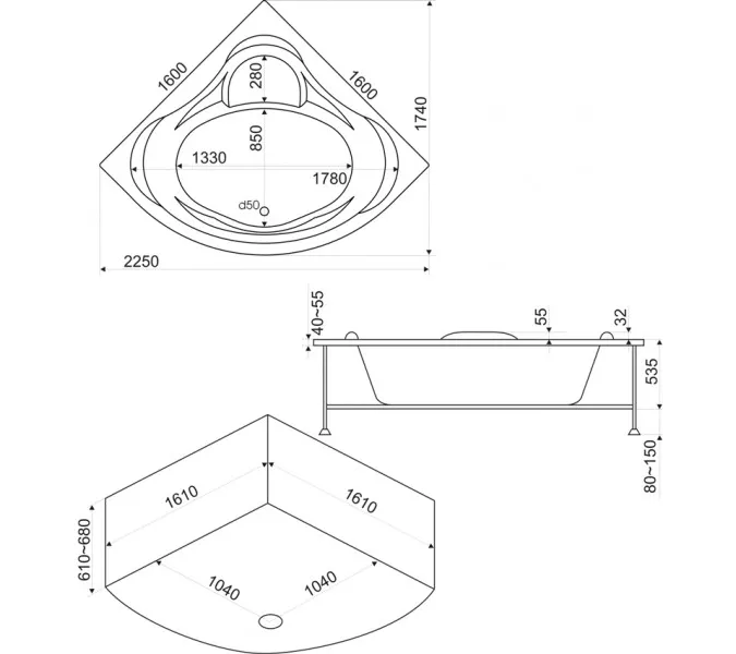 Ванна акриловая  BAS Мега 160*160, Комплектация: без гидромассажа, изображение 3
