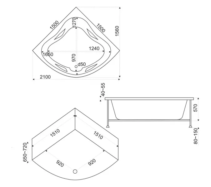 Ванна акриловая  BAS Империал 150*150, Комплектация: без гидромассажа, изображение 3