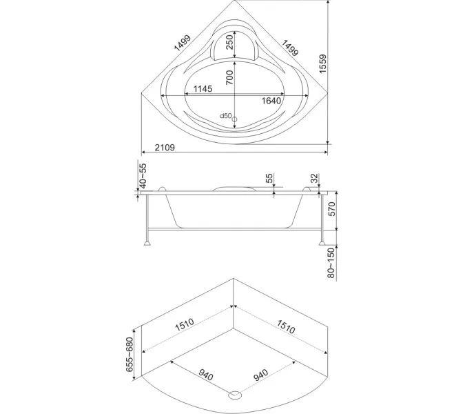 Ванна акриловая BAS Модена 150*150, Комплектация: без гидромассажа, изображение 3