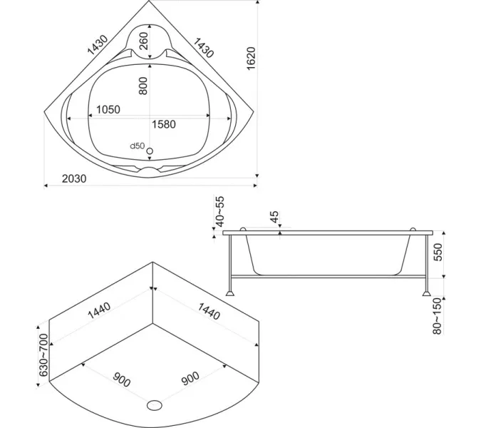 Ванна акриловая  BAS Хатива 143*143, Комплектация: без гидромассажа, изображение 3
