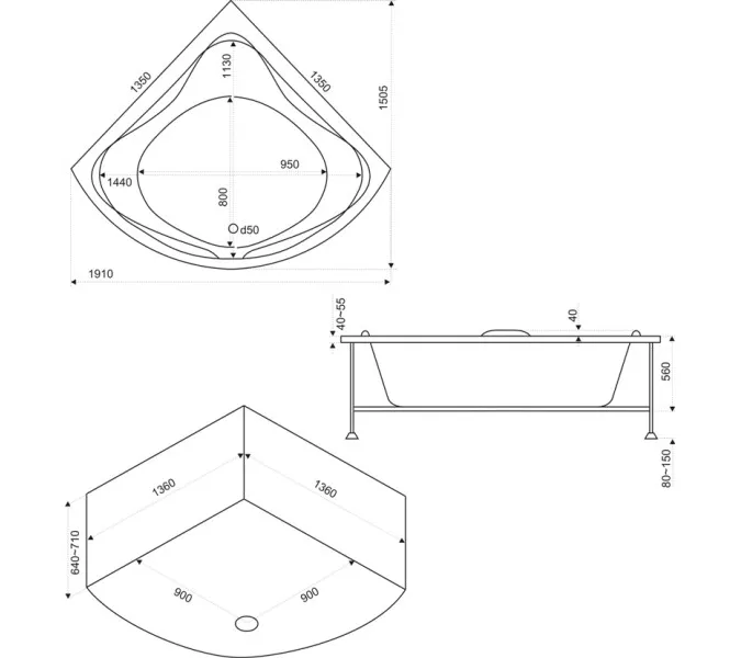 Ванна акриловая  BAS Риола 135*135, Комплектация: без гидромассажа, изображение 3