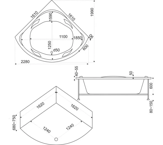Ванна  акриловая  BAS Ривьера 161*161, Комплектация: без гидромассажа, изображение 3
