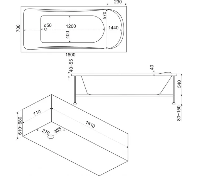 Ванна акриловая  BAS Стайл 160*70, Комплектация: без гидромассажа, изображение 3