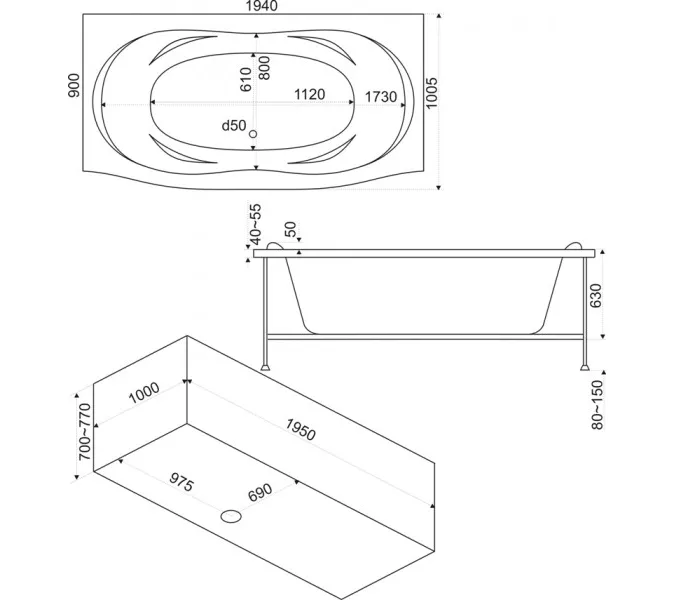Ванна акриловая  BAS Фиеста 194*90, Комплектация: без гидромассажа, изображение 3