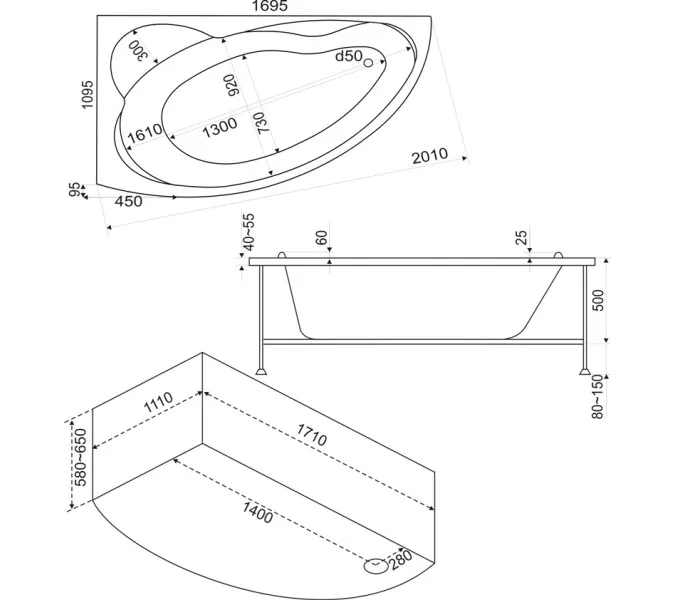 Ванна акриловая  BAS Лагуна  170*110, Ориентация: Левая, Комплектация: без гидромассажа, изображение 3