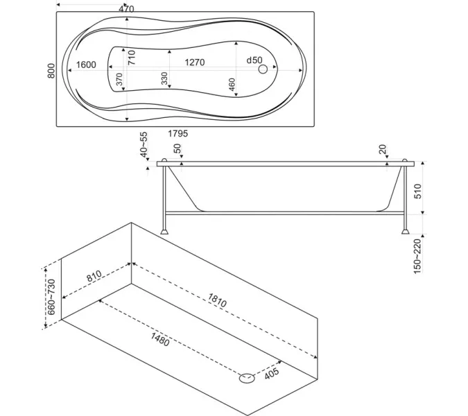 Ванна акриловая  BAS Ямайка 180*80, Комплектация: без гидромассажа, изображение 3
