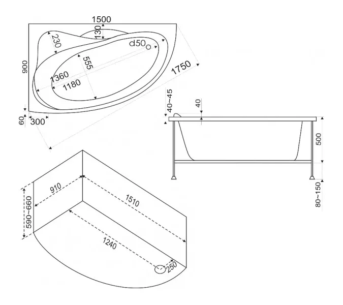 Ванна акриловая  BAS Вектра 150*90, Ориентация: Левая, Комплектация: без гидромассажа, изображение 3
