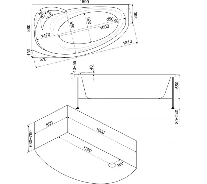 Ванна акриловая  BAS Флорида 160*88, Ориентация: Левая, Комплектация: без гидромассажа, изображение 3