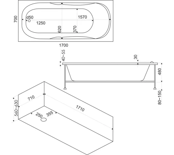 Ванна акриловая  BAS Нептун 170*70, Комплектация: без гидромассажа, изображение 3