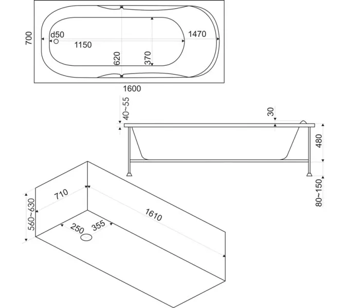 Ванна акриловая  BAS Мальдива 160*70, Комплектация: без гидромассажа, изображение 3