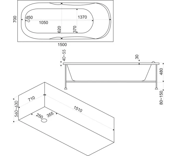 Ванна акриловая  BAS Ибица 150*70, Комплектация: без гидромассажа, изображение 2